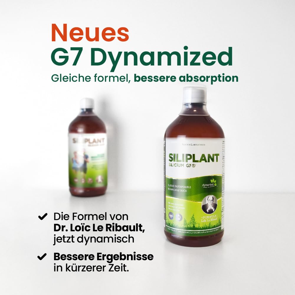 G7 Siliplant Verbesserte Formel. Silizium Flüssig auf Pflanzenbasis. Silizium Hochdosiert ideale für Knochen, Gelenke Vitamine, Haarvitamine und Nägeln. Erhöht die Elastizität der Haut. 33 Tage Kur.