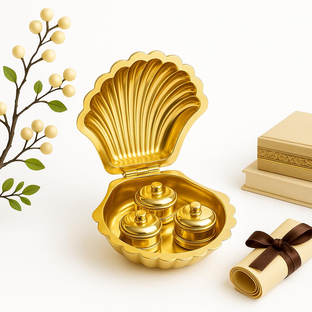 Pure Brass Shell Kumkum Box Set (3 Containers) – Traditional Sindoor, Haldi, Chandan Holder for Pooja, Temple & Gift Purpose