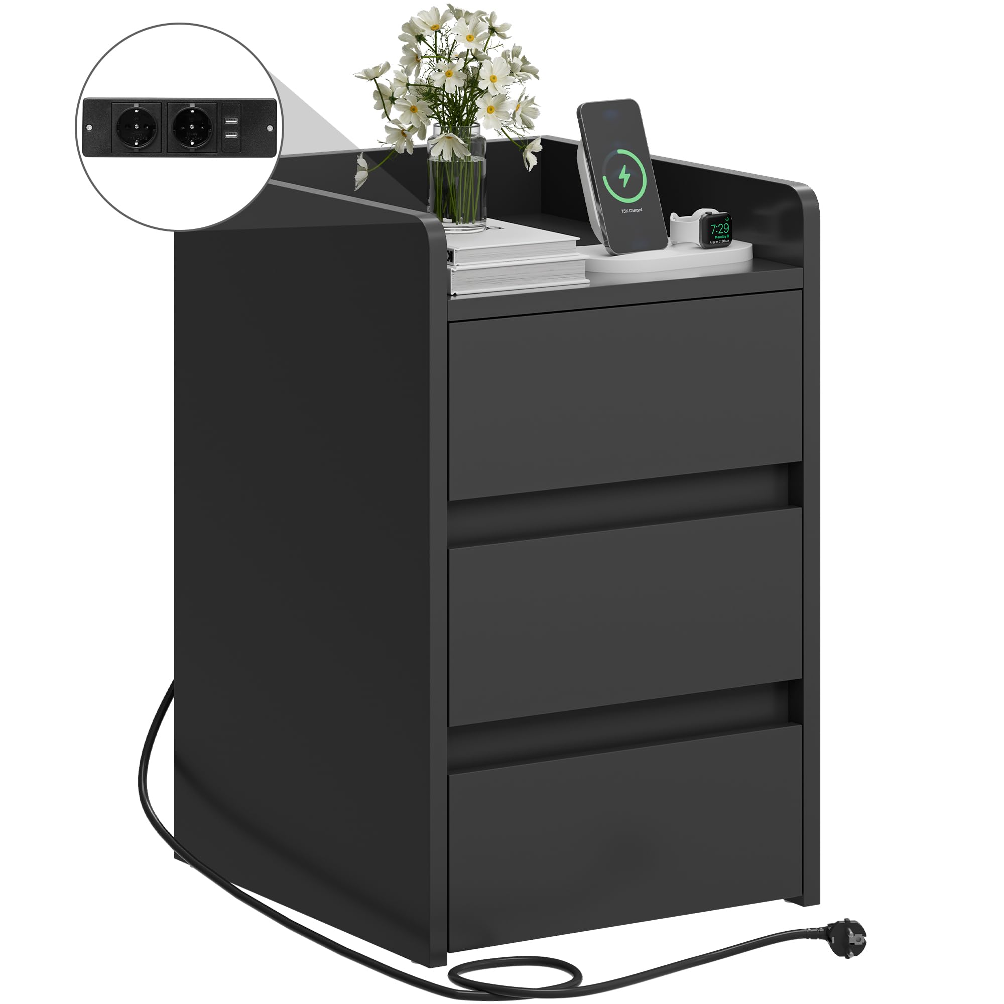 YITAHOME Mesita de Noche de 3 Cajones, Mesita de Noche con Estación de Carga, 2 Puertos y Tomas USB, Mesa Auxiliar Impermeable para Salón y Dormitorio, 35 x 40 x 60 cm (Negro)