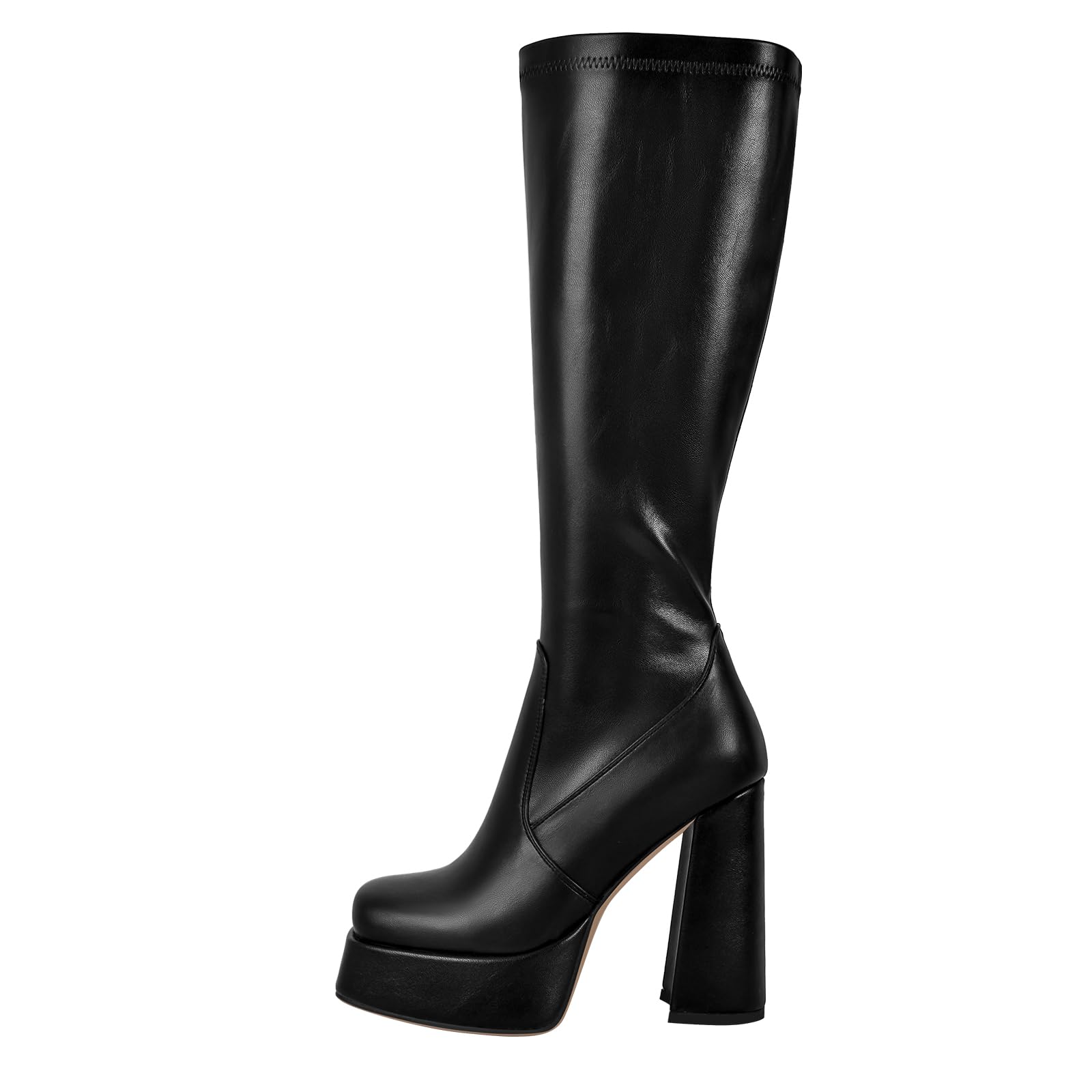 MissHeel Plateau Stiefel Langschaft Blockabsatz High Heels Quatische Zehen Kniehohe Stiefel