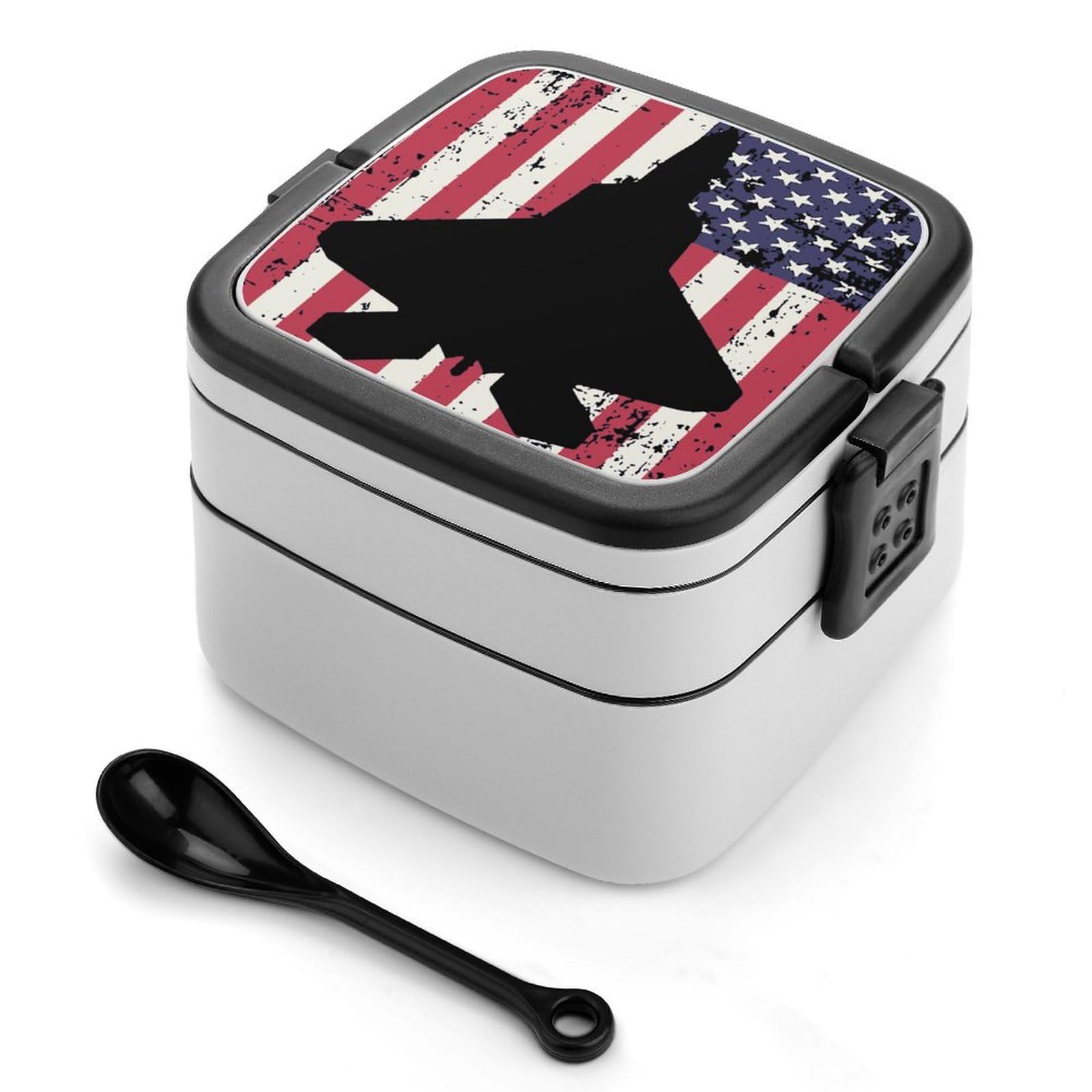 CGSBNGHA Patriotic F-22 Raptor Fighter Jet Americans-flag Bento Lunch Box 2 Layer Lunchbox Food Container for Adults Office