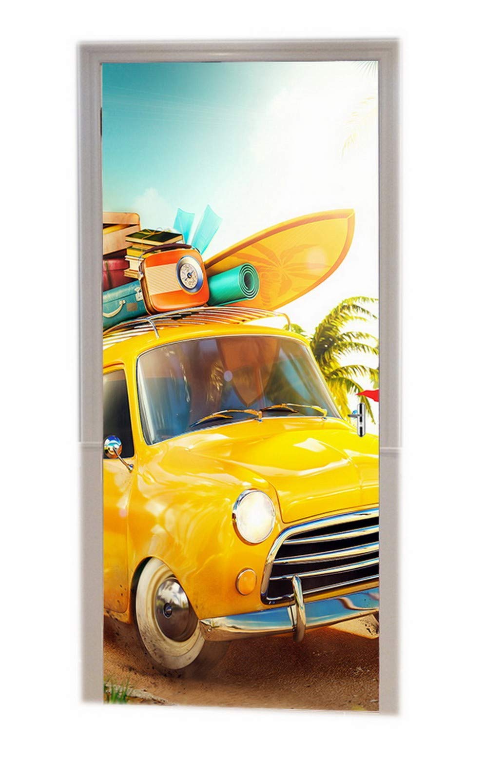 A.Monamour Adesivo Porta Autoadesiva Auto Retrò Con Tavola Da Surf E Valigie Su Una Spiaggia Con Palme Vinile PVC Adesivi per Porte Interne 3D Pellicola Adesiva Poster Sticker Murale Decorazione