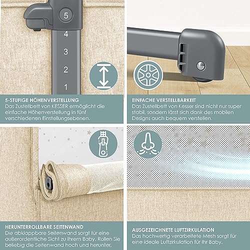 KESSER® Zustellbett Hubi 3in1 Baby Beistellbett Reisebett Babybett mit weich Matratze mit Rollen Kinderbett, 5-Fach Höhenverstellung Faltbare Seitenwand für Zuhause und Unterwegs + Spanngurt Beige