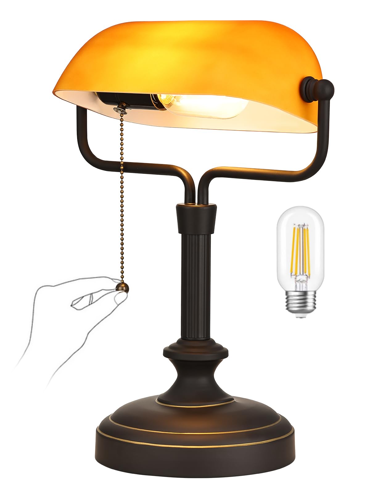 LOFOB Banker Schreibtischlampe, Glasschatten, Vintage -Lampe mit Pull -Kettenschalter für Heimbüro, Klavierlampe (Antique Black+Matt Amber)