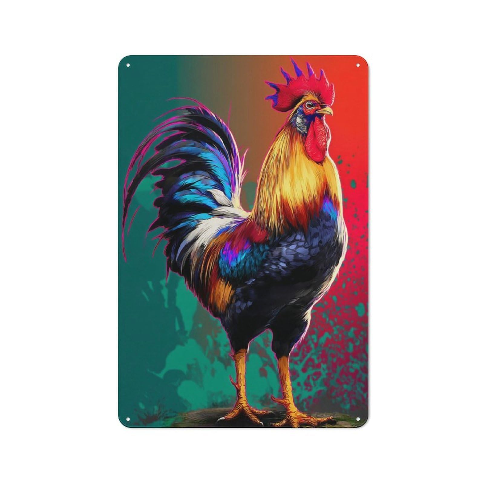 Junmoney Colorful Rooster Art Print-1 Tin Wall Plaque 30X20cm With For Garage Or Workshop, For Living Room, Hallway And Entrance Wall Decor
