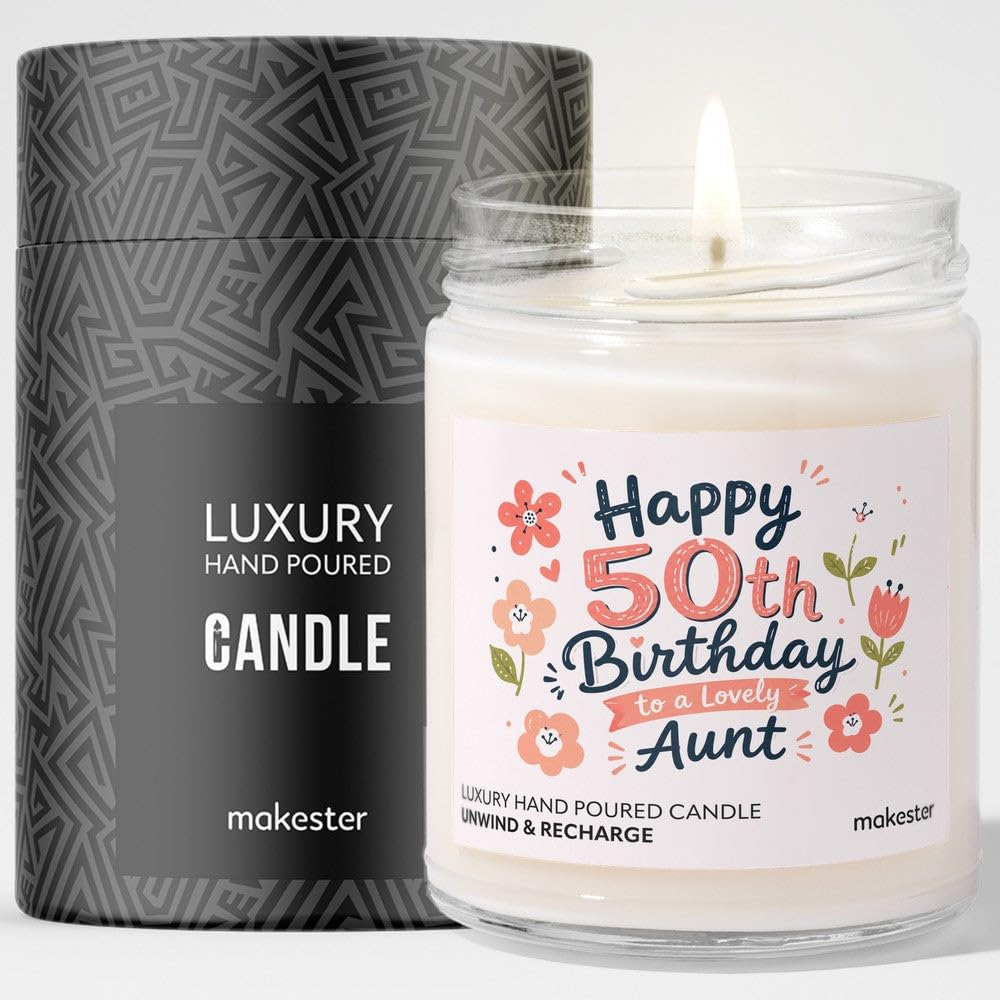 50th Birthday Gift for Aunt - Luxury Soy Wax Candle - Vanilla, Jasmine, Sugared Almond - Makester — image 1