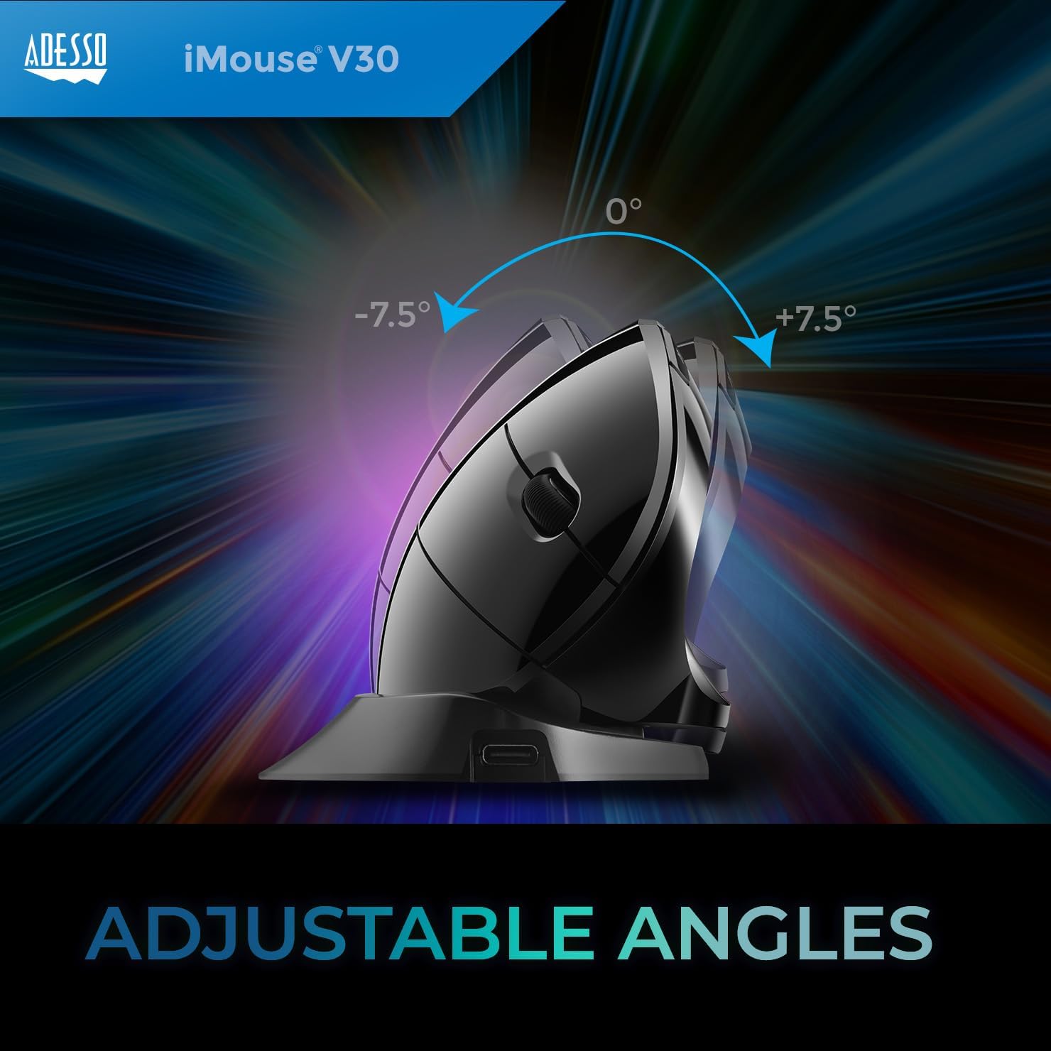 ADESSO iMouse V30 Wireless Adjustable Vertical Ergonomic Mouse with Customizable Angles and DPI Switch - Advanced Optical Sensor Technology, Reduces Wrist Strain, 2.4GHz USB Receiver, TAA-Compliant
