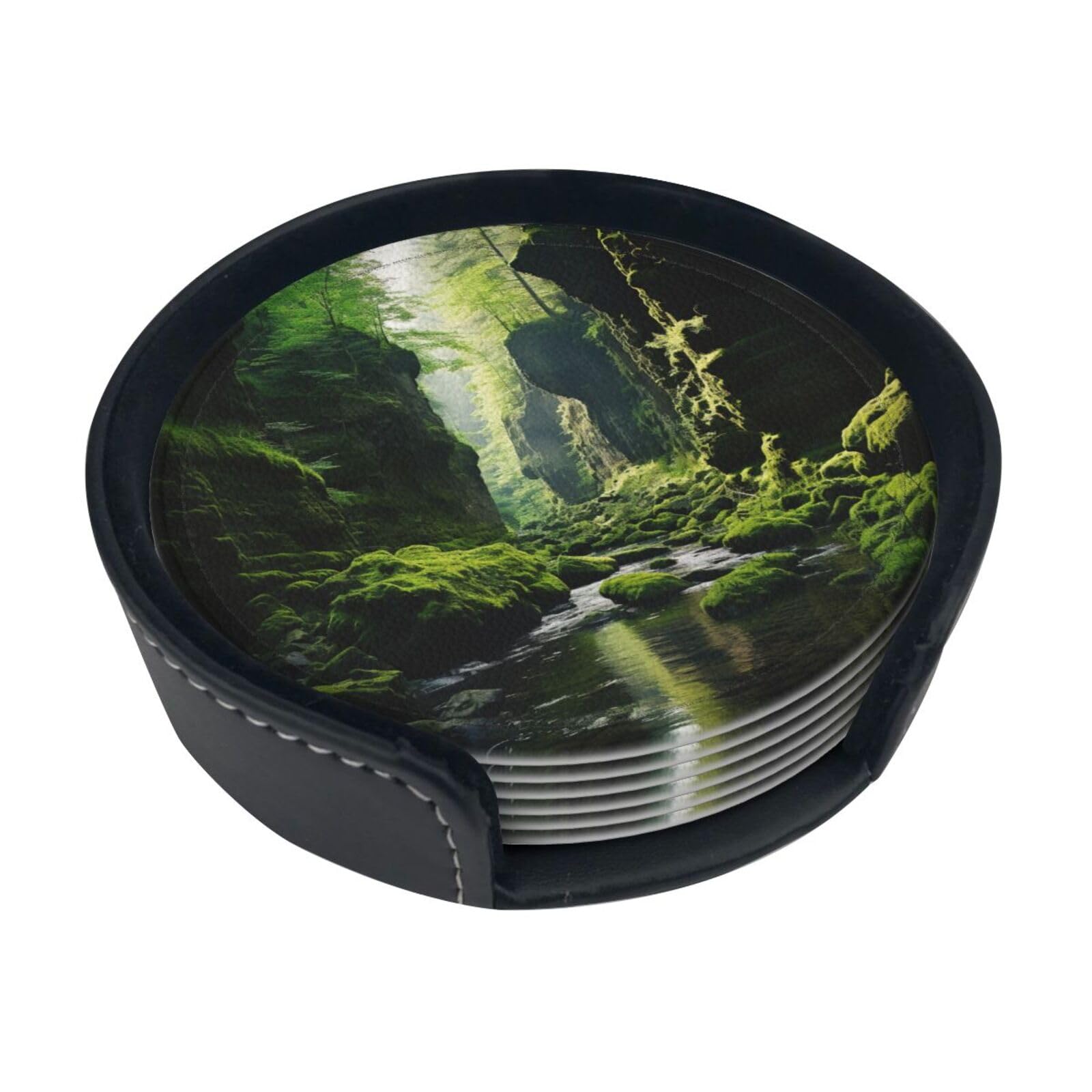 Cliff Moss Print Pu Leather Drink Coasters With Holder Coasters Set Of 6 Office Home Bar Decor Cup Coaster