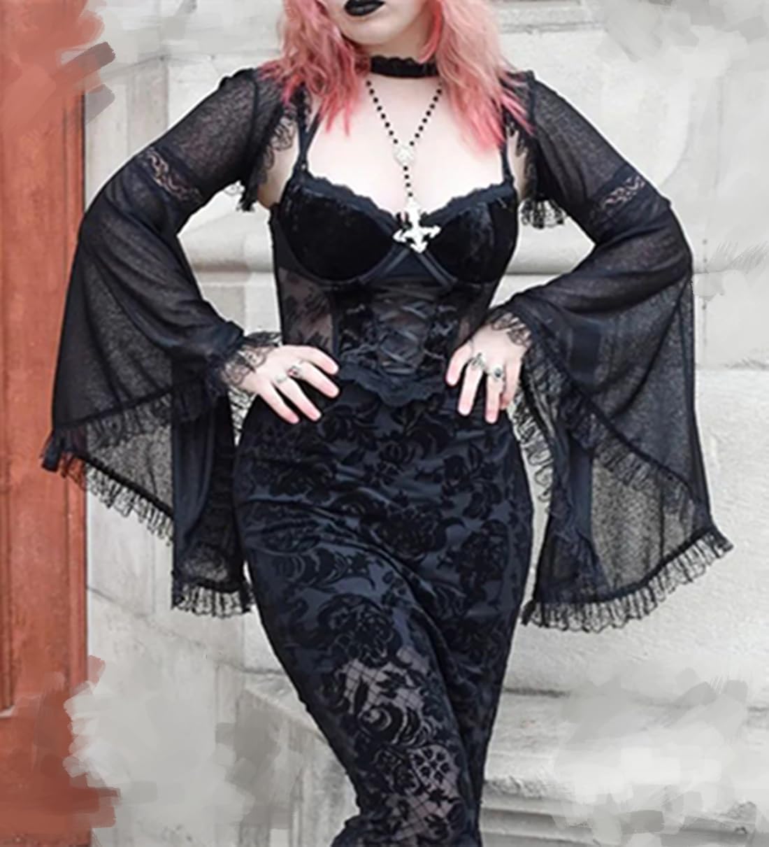 Women Goth Black Open Front Patchwork Sleeve Sheer Bolero Shrug Top for Formal Dresses Emo