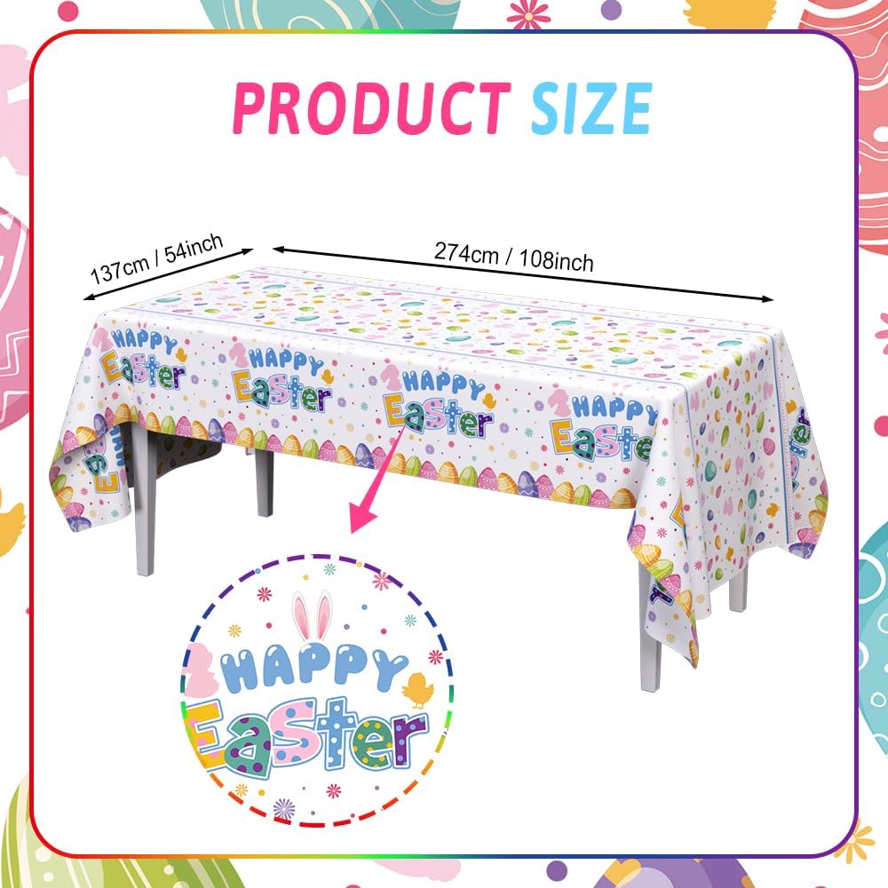 AIBIIN 3 Pcs Easter Tablecloth Decorations Bunny Happy Easter Decorations Table Cloths Colorful Rabbit Eggs Spring Plastic Tablecloth Family Table Cover 108 x 54 Inch