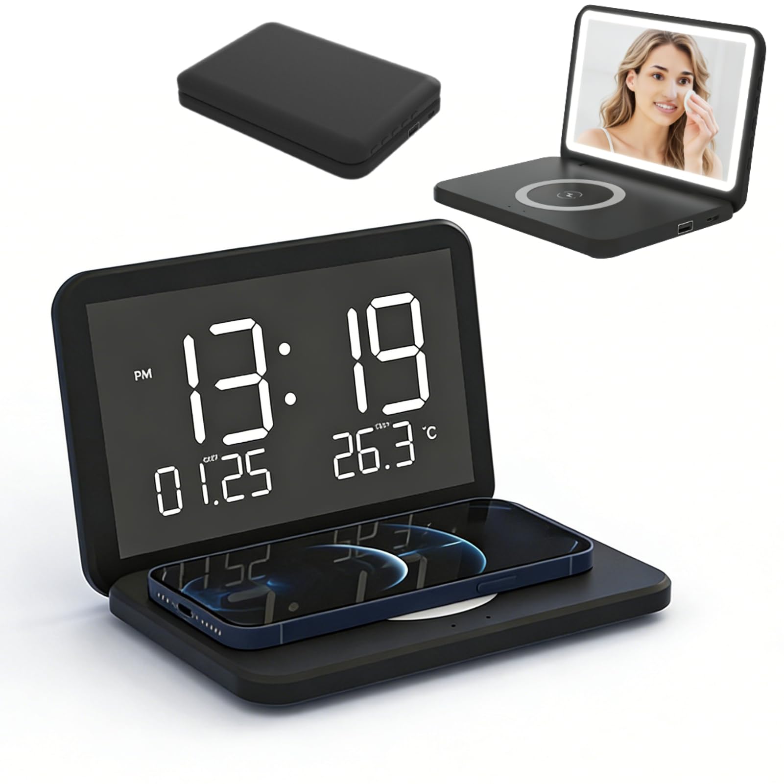 Sveglia Digitale con Stazione di Ricarica Orologio da Comodino Pieghevole 4 in 1 con Termometro Caricabatterie Wireless da 15 W, Sveglia con Ricarica Wireless Display a Specchio (Nero)