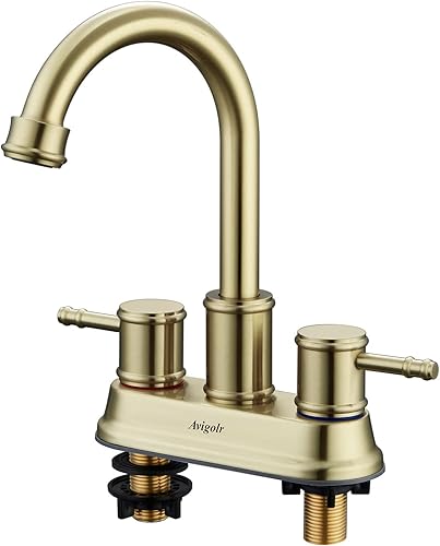 Miniatura 9 de Avigolr - Grifo de baño dorado cepillado, grifo de baño dorado cepillado de 4 pulgadas, 2 asas, 3 agujeros con giro de 360 grados, juego de grifo de