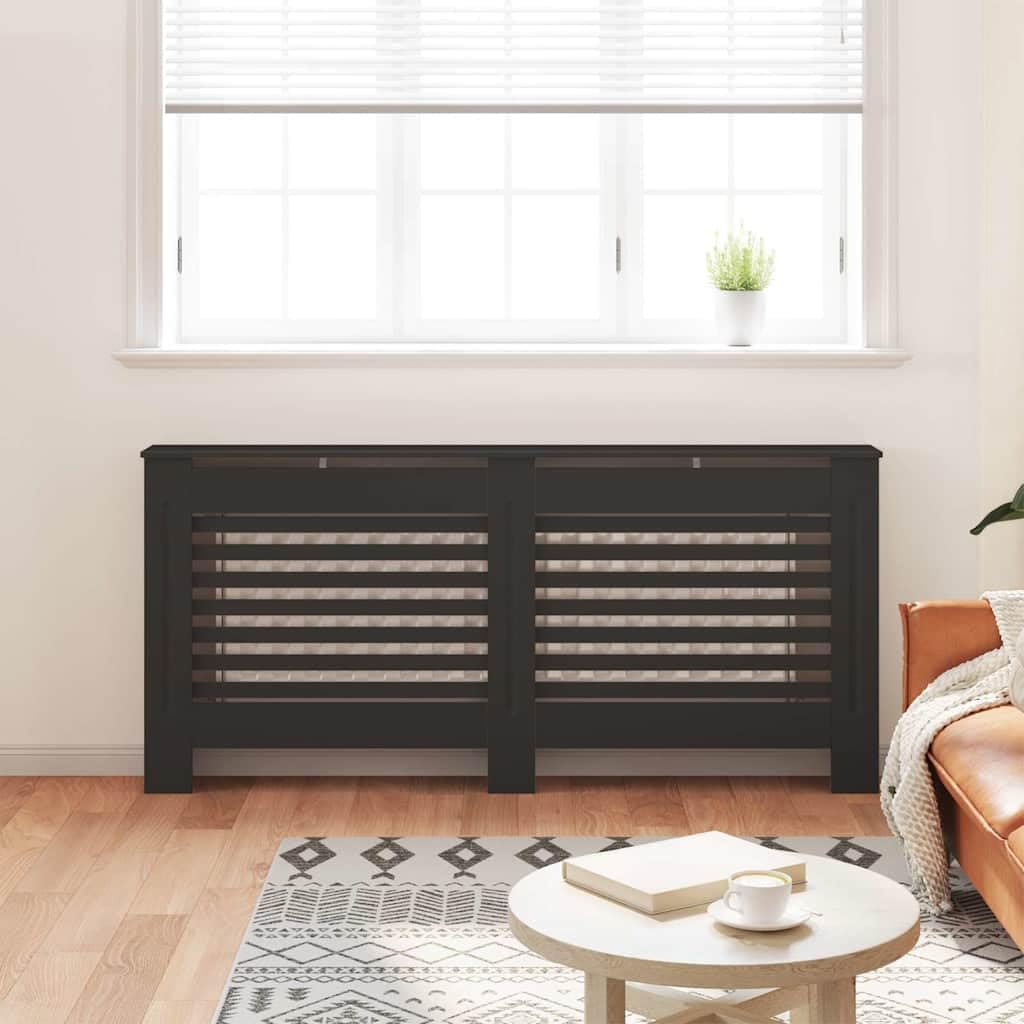 Copertura per termosifoni in MDF nero con design a laghe, 172 x 19 x 81,5 cm, pratica copertura per soggiorno, montaggio incluso, adatto per riscaldamento, valvola, termostato, tubazioni