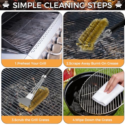 CNMTCCO Grillbürste Messing, 3-in-1 Grill Messingbürste mit Messing Borsten, Schaber & Extra Langem Griff, für Gasgrill, Holzkohlegrill & Elektrogrill, Effektiver Grillreiniger ohne Kratzer