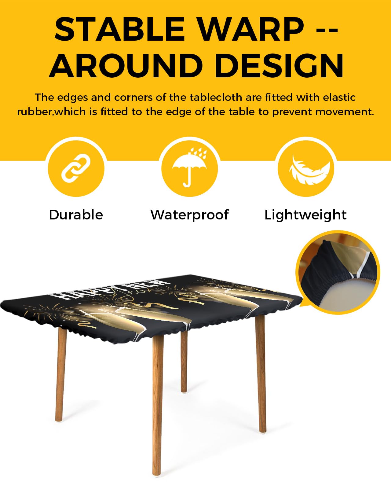Happy New Year Fitted Table Covers for 4 Foot Tables, Yellow Champagne Fireworks Ribbon Elastic Table Cover Rectangle 24