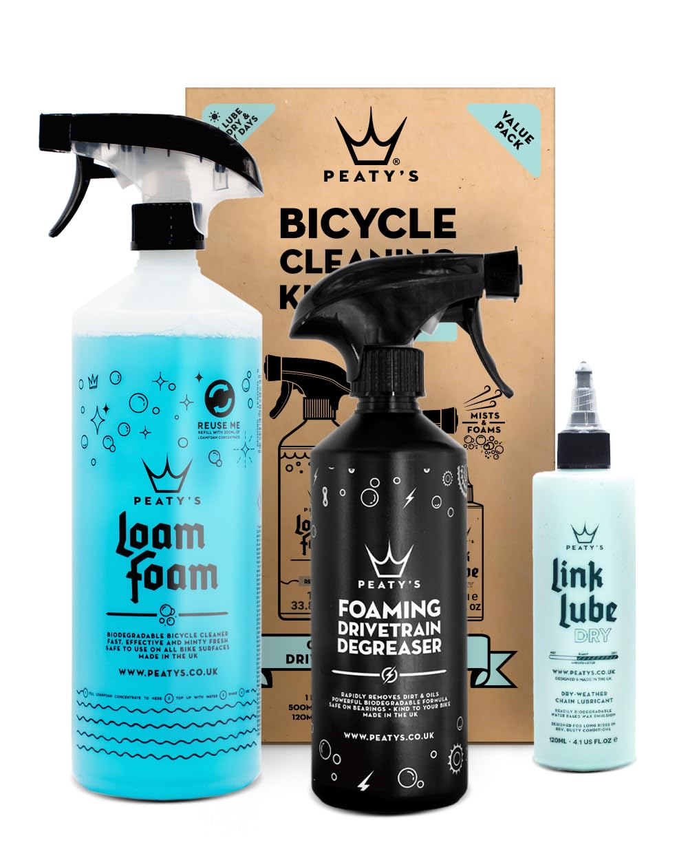 Peaty's Bicycle Cleaning Kit (Dry) - Wash, Degrease & Lubricate Bike Maintenance Kit, Includes Foaming Bike Cleaner, Drivetrain Degreaser & Dry Chain Lube, Suitable for Carbon, MTB, Road and E-Bikes