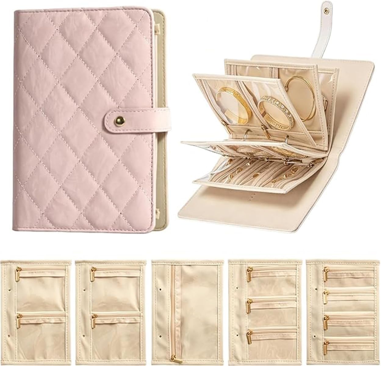 Travel Jewelry Notebook with 5 Detachable Pages, Pu Leather, Travel Jewelry Organizer Case with Zipper, Clear Velvet Pouch, for Rings, Necklaces, Earrings