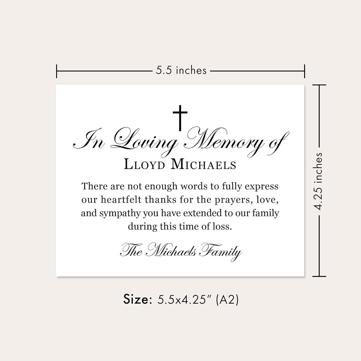 In Loving Memory Personalized Funeral Thank You Cards, 5.5x4.25 Flat Sympathy Acknowledgement Cards with Cross (Black)