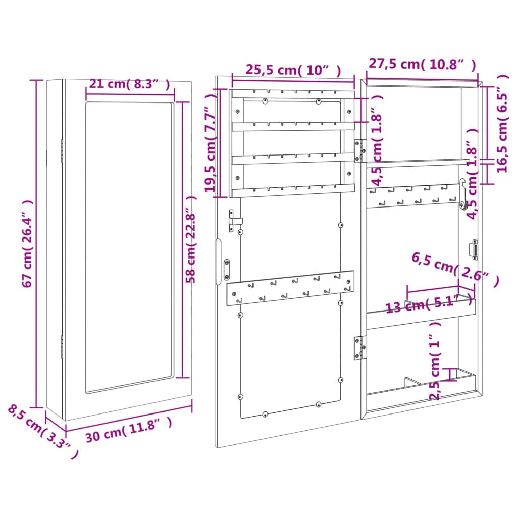 Szafka na biżuterię z lustrem, biała, materiał drewnopochodny, 30 x 8,5 x 67 cm, zamykana, montowana na ścianie, z haczykami, do korytarza, sypialni, łazienki, do przechowywania, porządnego