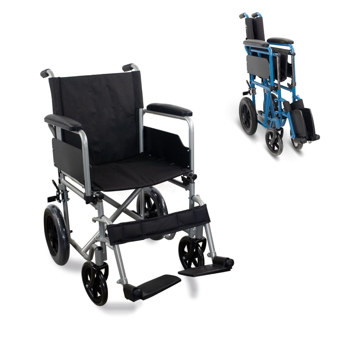 Mobiclinic, Silla de ruedas plegable, Marsella, Extracción rápida pulsando un botón, Asiento 46 cm, Reposapiés y reposabrazos abatibles, Palanca freno, Resistente, Plata