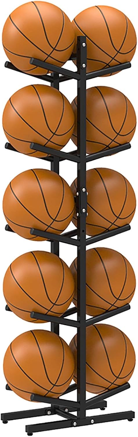 5 Tier Double-Sided Basketball Storage Rack, Freestanding Vertical Football Display Stand, Sports Equipment Storage Rack Tree, 10 Balls,