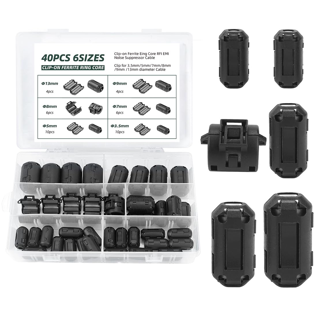 40 Stück Ferritkerne für Kabel - Ferritfilter Klappferrit Set mit 6 Verschiedene Größen - Ferritkern Ring - Entstörfilter für Kabel RFI EMI - Schwarz - Innendurchmesser von 3.5 mm bis 13 mm.