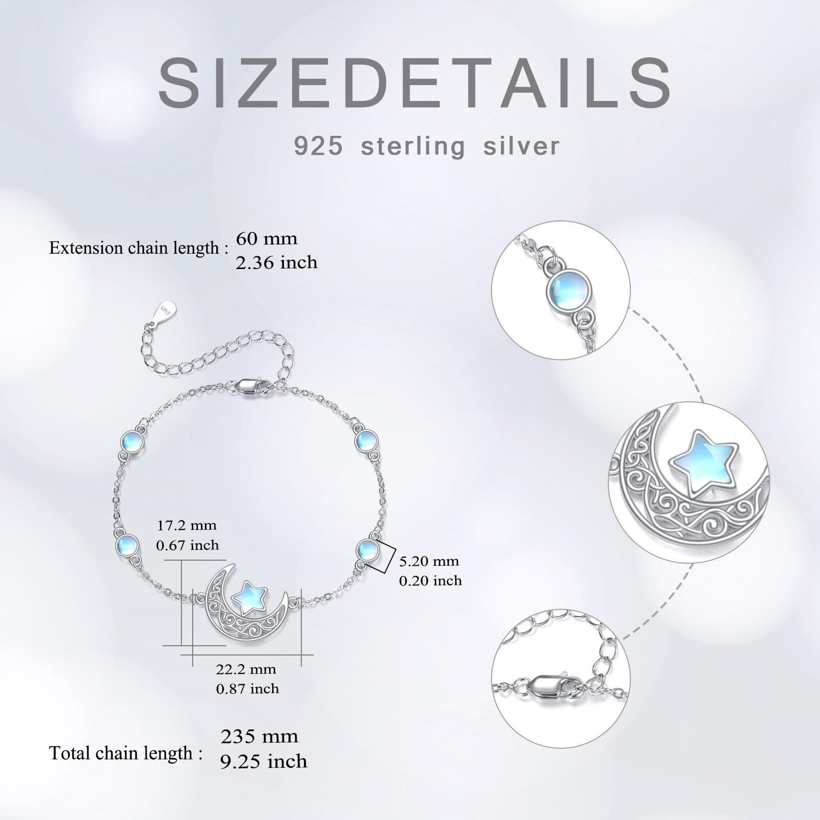 LONAGO Mond und Stern Armband für Damen 925er Sterlingsilber Künstlicher Mondstein Armband als Geschenk