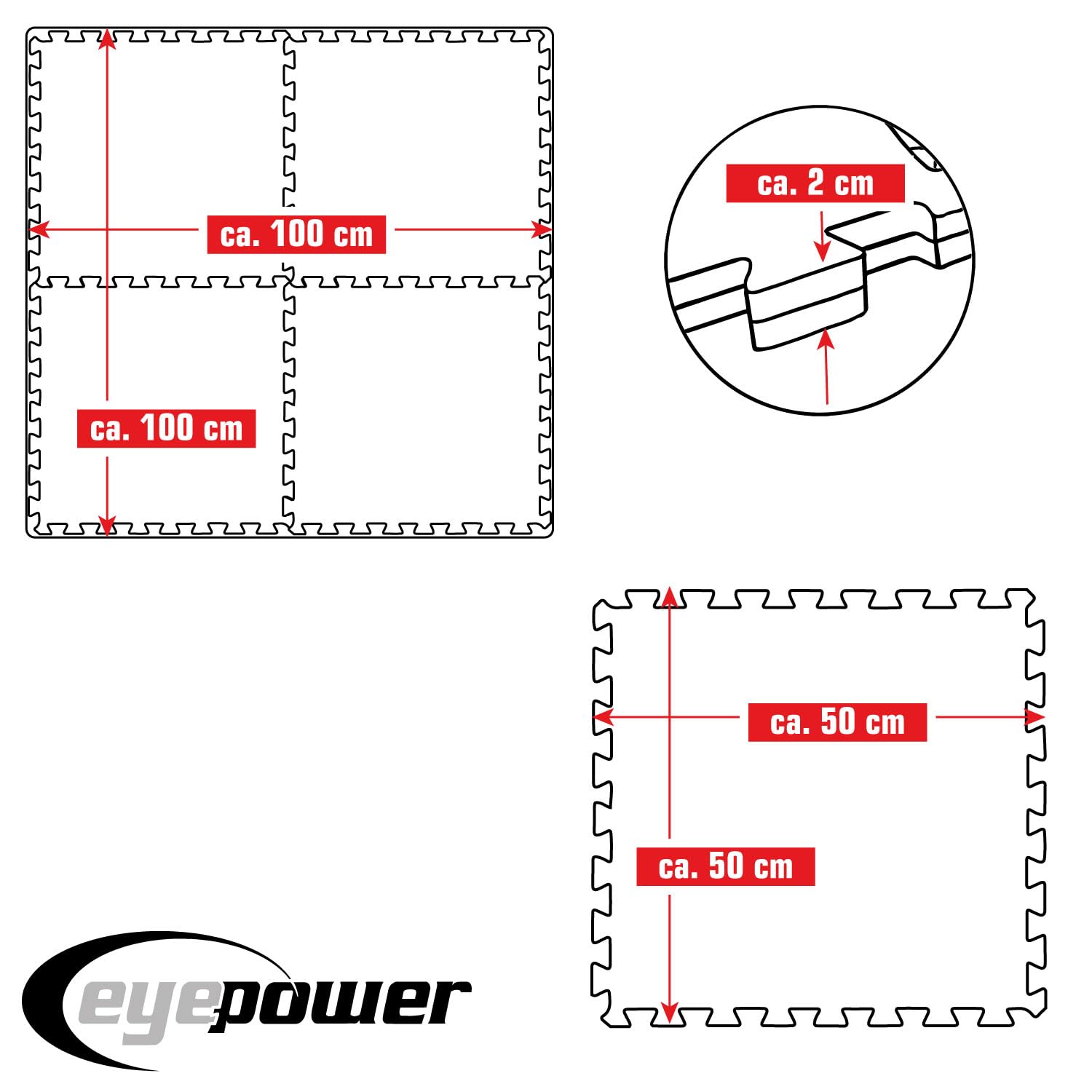 eyepower Alfombra Gimnasio en Casa 2 cm: 1m² Suelo Gimnasio - 4 Colchonetas Grandes - 50x50 Esterilla Gimnasio EVA - Suelo Goma Gimnasio Puzzle Suelo Gimnasio Tapete Fitness - Defectos Ópticos Menores
