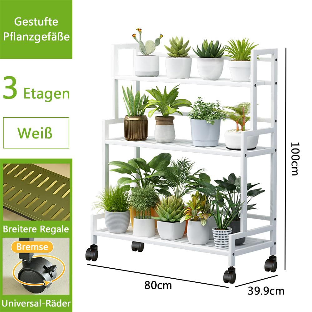 Soporte para plantas de metal, 3 niveles, gran capacidad, estantería para plantas con 4 ruedas, estantería multifuncional para flores para exterior, interior, balcón, jardín, salón (blanco)