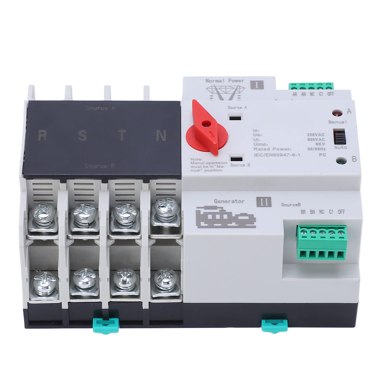 Dual Power Automatischer Transferschalter, AC 400V 4P 125A ATS PC Hutschiene Notstrom Netz Umschalter Lastumschalter Hutschiene Lastumschalter Kommunaler Strom Wechselrichter Solar Kommunaler Strom