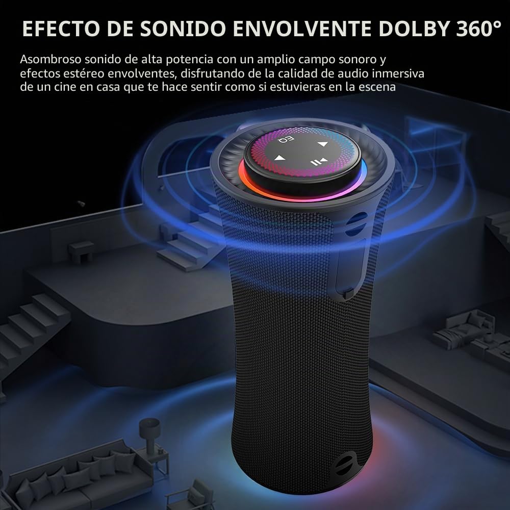 Altavoz Bluetooth Portátil con Luz LED, 80W Potencia Pico Altavoces Inalámbricos con Graves Profundos, Sonido Estéreo 360°, 24 Horas, Asa Cómoda, Speaker de Exterior para Viajes/Deportes/Fiestas