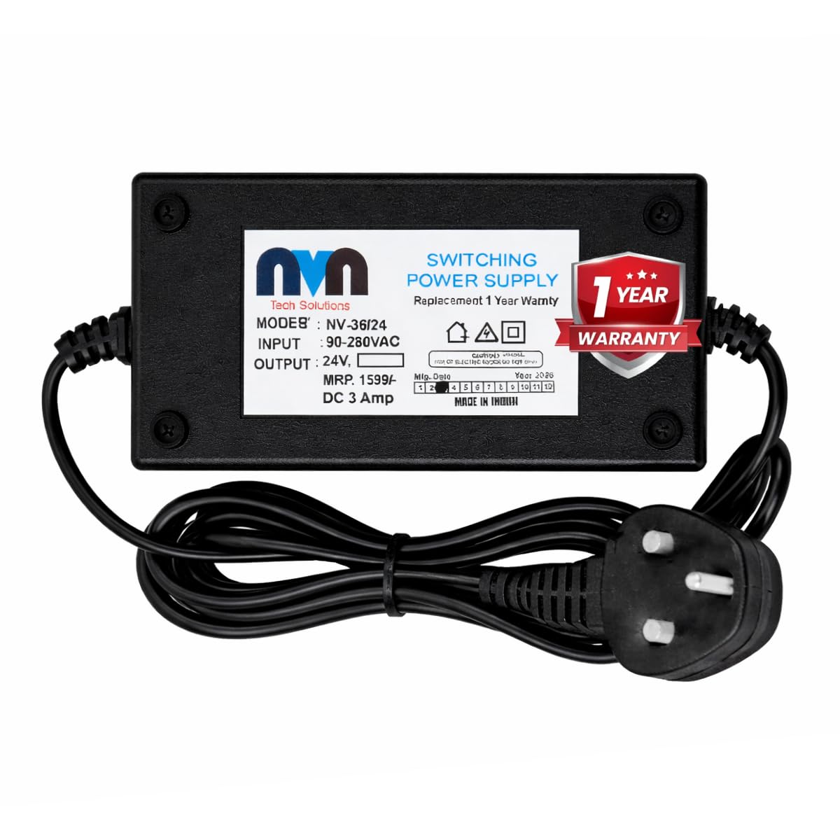 NVN Tech RO Water Purifier SMPS 24V 3A Power Supply Adapter with 3 Pin Plug | 90-280V AC Input | 1 Year Replacement Warranty | Compatible with All RO Water Purifiers-image-20