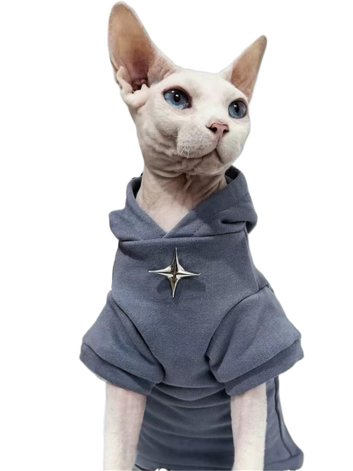 Sphynx & Rex - Ropa para gatos, suéter cálido de invierno con logotipo de estrella cruzada, ropa con forro polar suave para gatos sin pelo, protección esencial contra el frío (cruz de hierro azul, XS