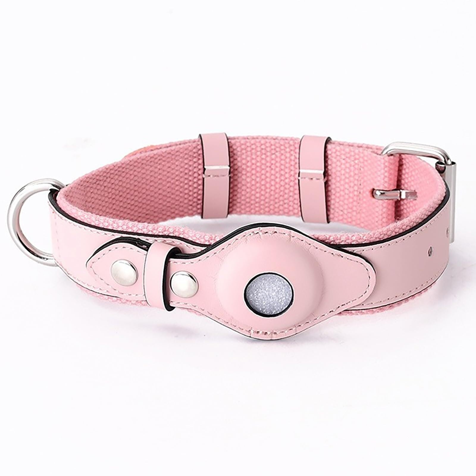 Dog Collar With Airtag Holder Soft Leather Webbing Dog Collar With Metal Buckle Adjustable Design For Pet Tracking Daily Walking(Pink,Medium)