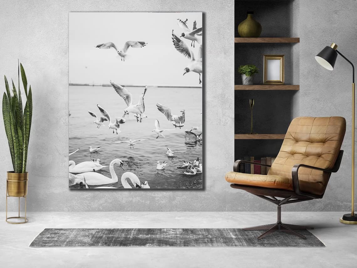 VERRE ART Printed Framed Canvas Painting for Home Decor Office Wall Studio Wall Living Room Decoration (45x60inch Wrapped) - Black and white seagull