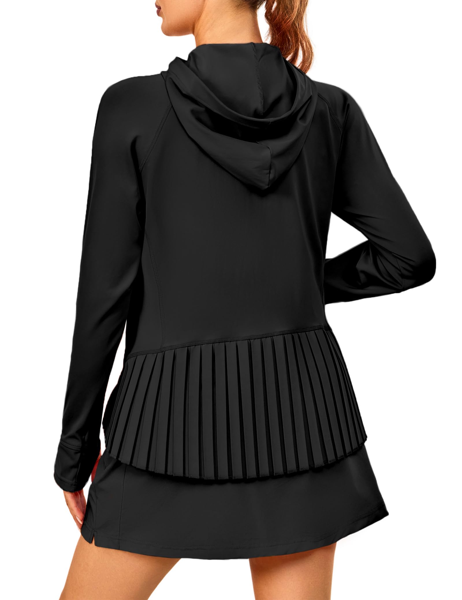 Little Donkey Andy Women's Golf Hoodie Jacket with Pleated Tennis Skirt Hem UPF 50+ Sun Protection Full Zip Running Athletic Jackets Black, XX-Large
