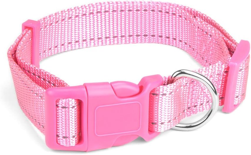 Adjustable Nylon Dog Collar with Hi-Visibility Reflective Thread (Pink, Large)