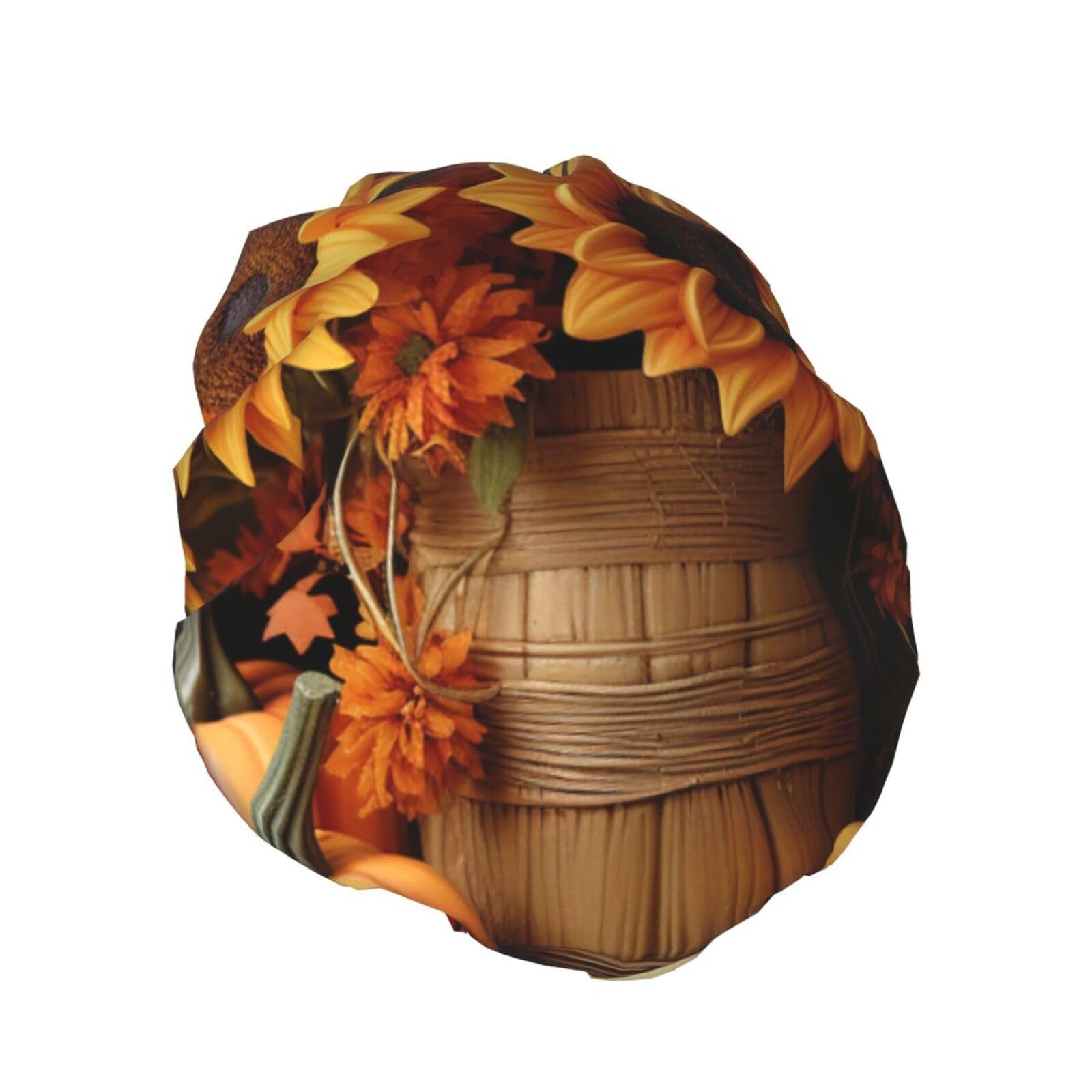 Pumpkin and Sunflower Shower Cap for Women Reusable Waterproof Shower Bonnet Washable Elastic Band Bath Hair Hat Double Layered Bath Cap Extra Large for Long Hair