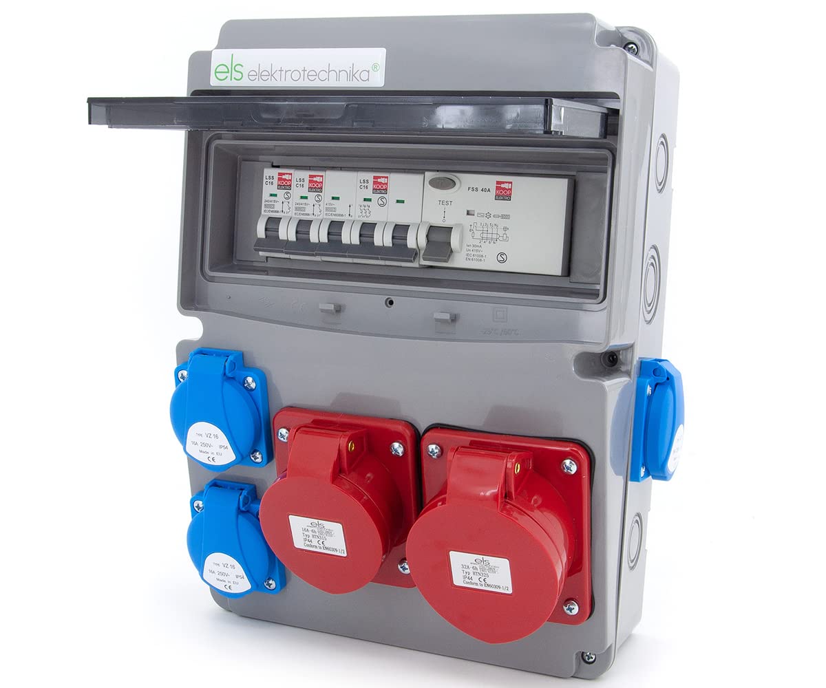 ELS Elektrotechnika Stroomverdeler 2 x 230 V Schuko, CEE 16 A, CEE 32 A, bouwstroomverdeler voor binnen en buiten, werkplaatsen en fabrieken, schakelkast voor montage met modulaire apparaten, IP44