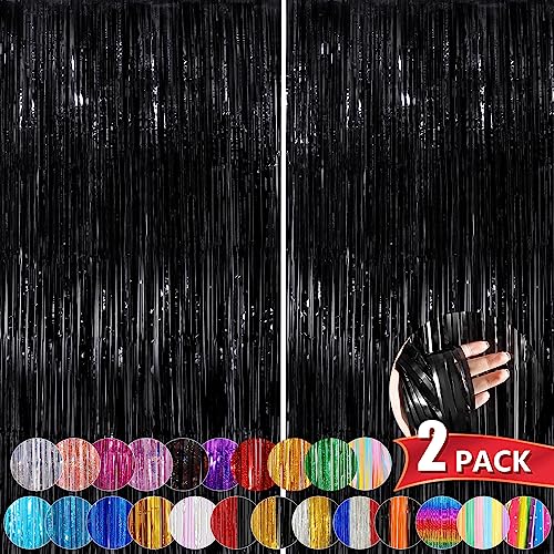 Black Metallic Tinsel Foil Fringe Curtains 2 Pack 3.3x8.3 Feet Party Streamer Curtains for Birthday Party Decorations Halloween Decor Foil Curtain Backdrop for Bachelorette Party