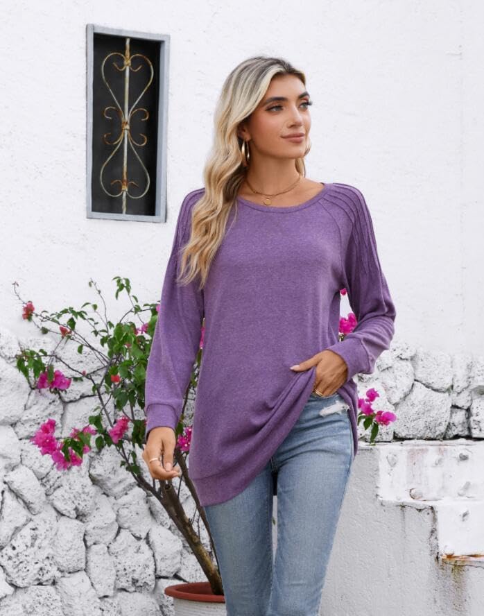 Bestbee Women's Long Sleeve Pleated Shirts Crew Neck Tunic Tops 2024 Fall Tops Casual T-Shirts Dressy Blouses - Image 5