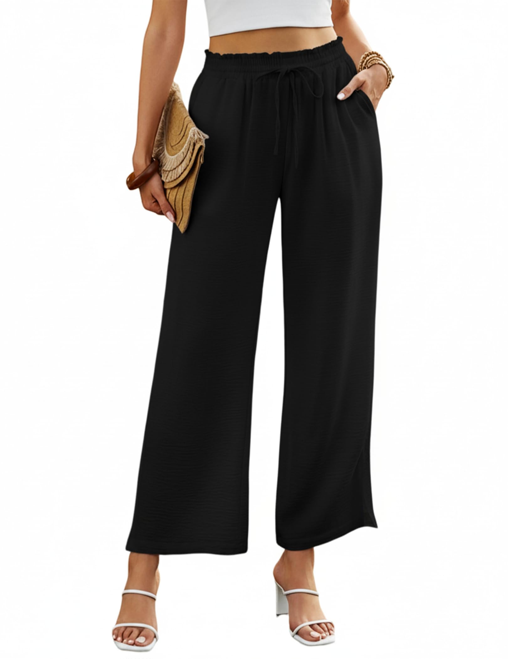 Black Palazzo Pants for Women Dressy Business Casual Trousers with Pockets 2025 Trendy Teacher Work Outfits