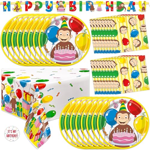 Curious George Birthday Decorations | Curious George Party Supplies | Officially Licensed | Serves 16 Guests | Curious George Plates Napkins Banner Tablecloth Sticker