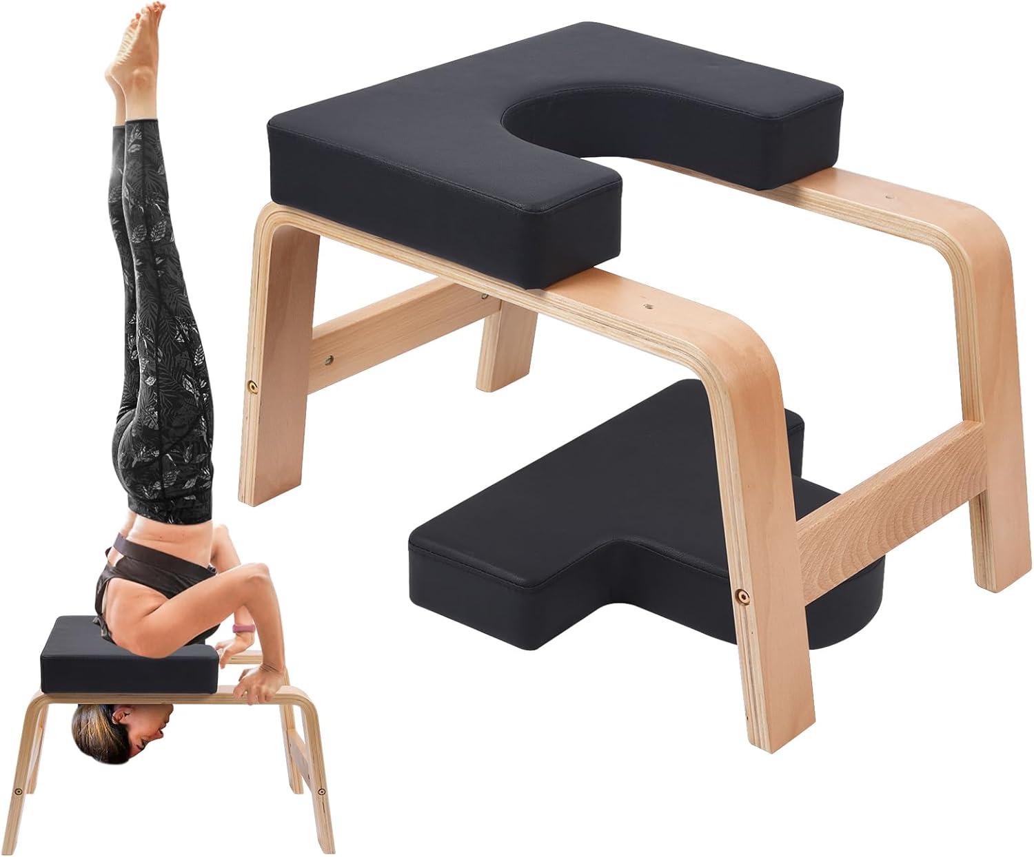 Yoga Headstand Bench, Yoga Inversion Chair, Headstand Trainer with Wood Frame and Pu Pad,Stand Yoga Chair Stress Relief, Balance Training, Body Shaping, Load Capacity 300 Pounds Black wood