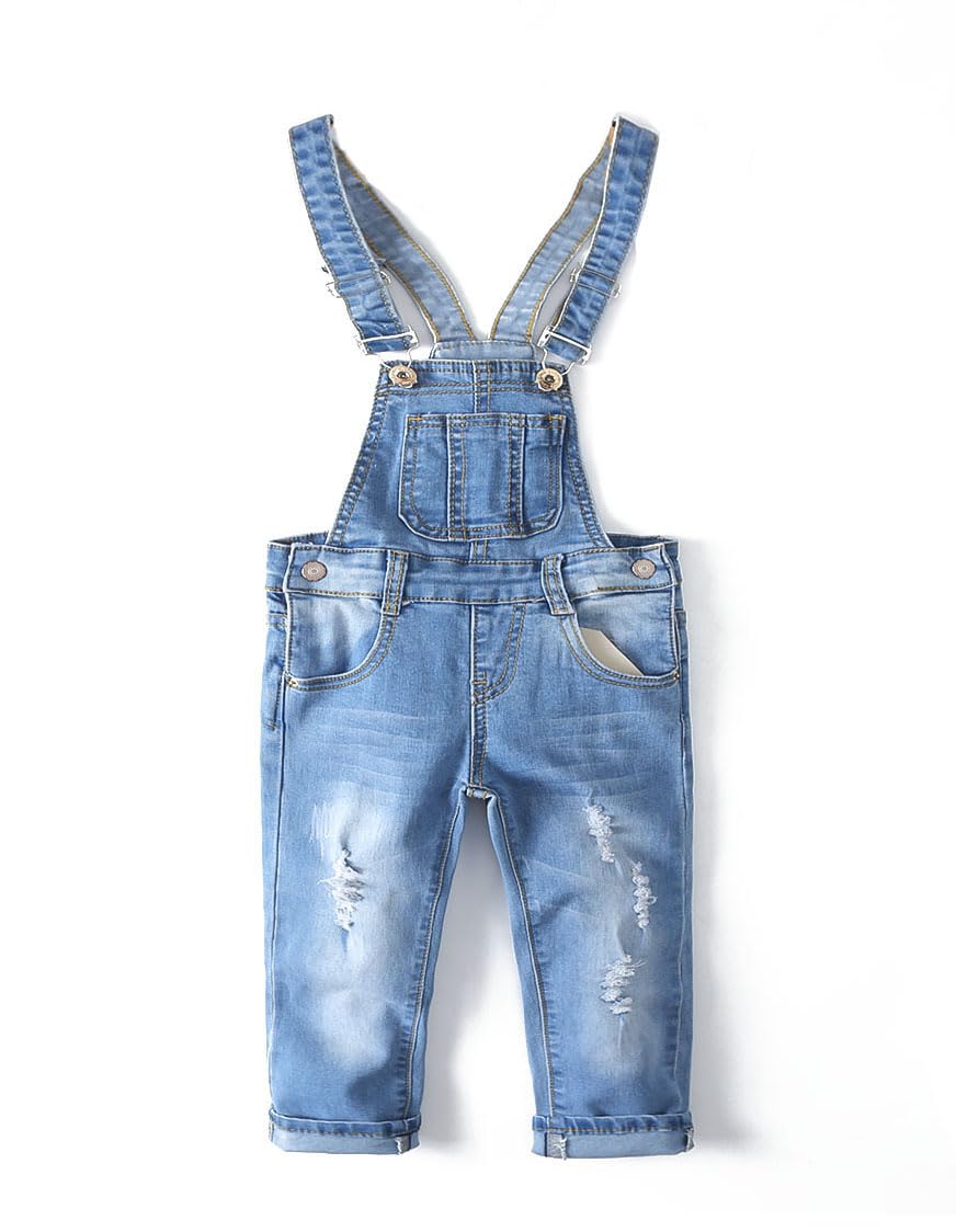 KIDSCOOL SPACE Petite Fille Garçon Jean Salopette, Tout-petit Denim Déchiré Mignon Pantalon Slim