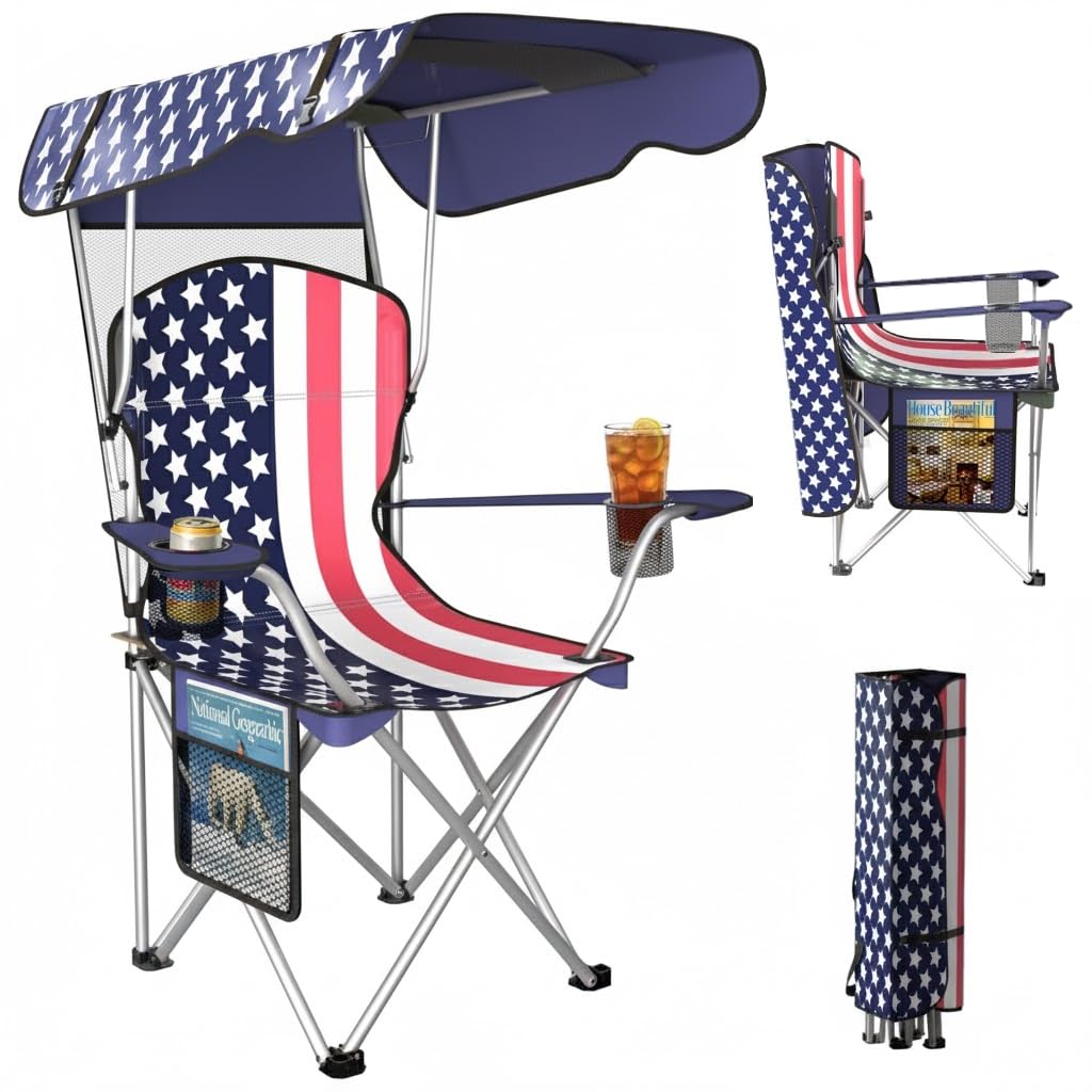 CozyBox Portable Folding Camping Chairs with Canopy Shade, Beach Chair for Adults, Durable Weather Resistant 600D Oxford Cloth, Camping Chair with