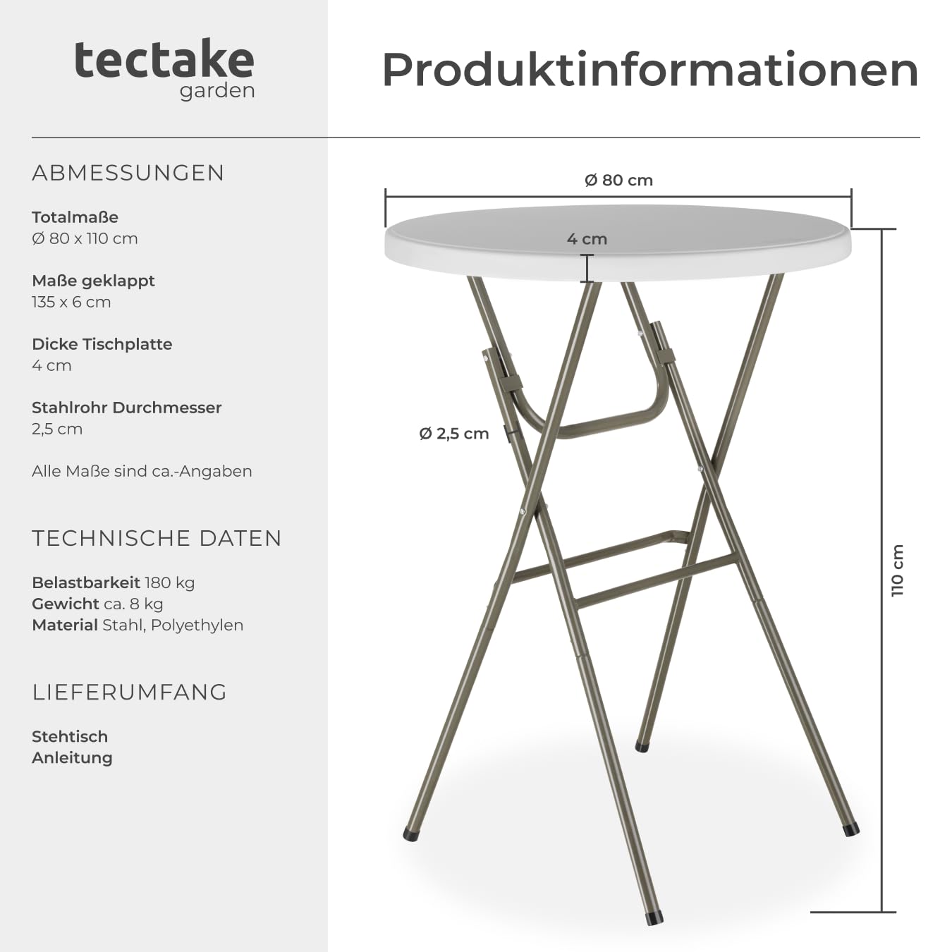 tectake® Stehtisch klappbar, Bistrotisch, Beistelltisch Outdoor, Klapptisch für Outdoor Küche, Stehempfang, Events, Bartisch, Grilltisch, Gartentisch rund, runder Tisch - 110 x 80cm