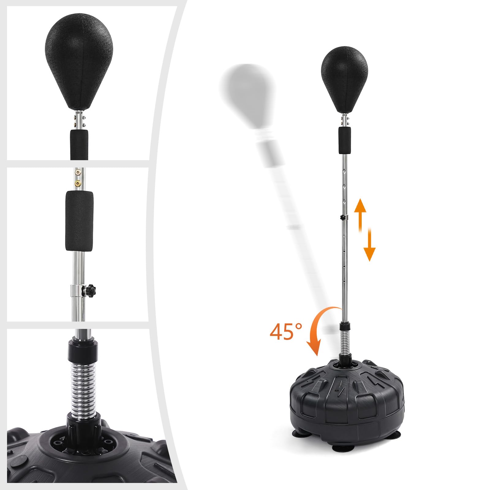 Sacco da boxe in piedi, con supporto, regolabile in altezza 120-160 cm, rimbalzo a 90°, 6 ventose, boxe sport, per professionisti, adolescenti e principianti