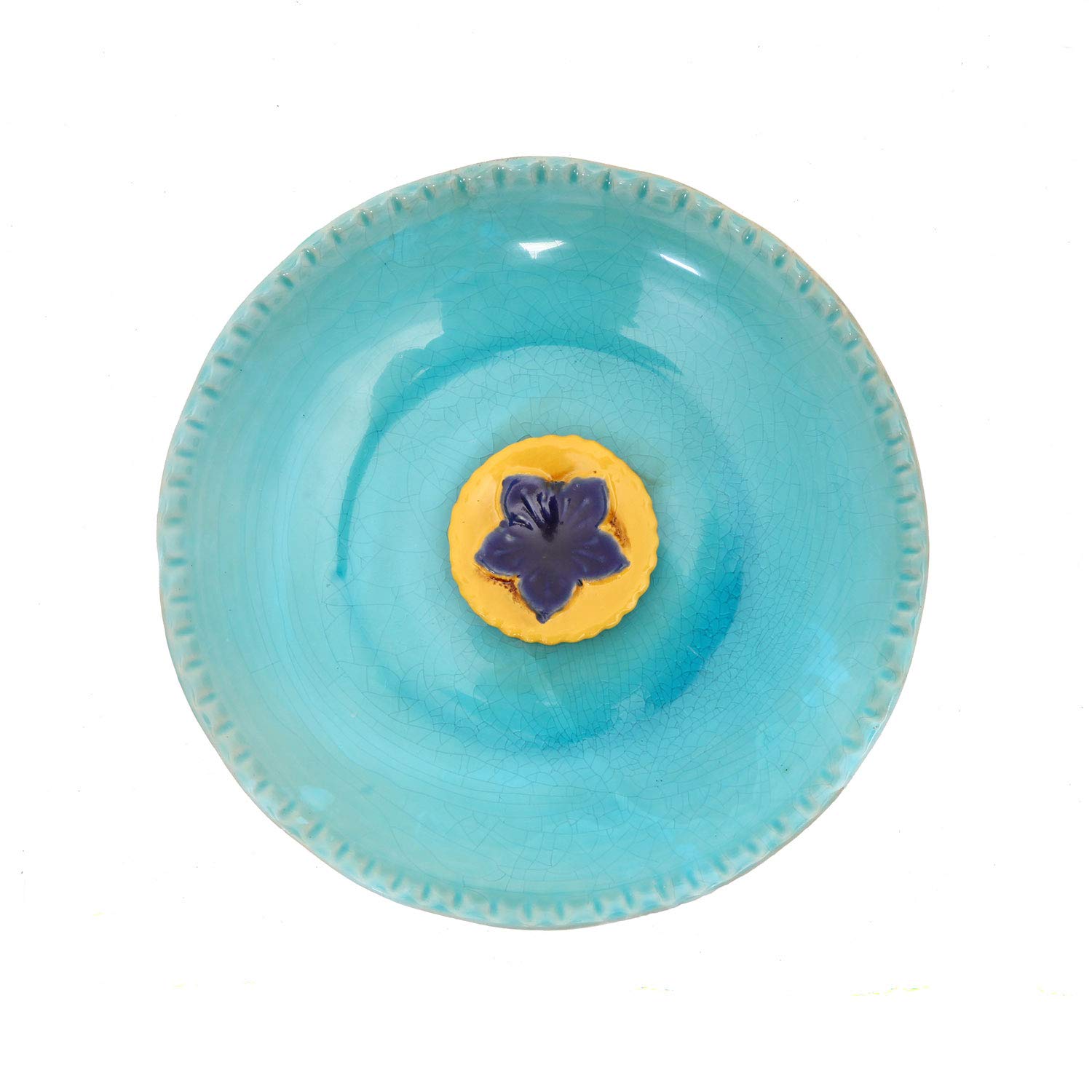 DUSVALLY Vintage Birdbath Ceramic Bird Bath Bowl Decor for Bird Bee Bath for Outdoor Patio Garden Backyard Yard,Blue with Yellow Flower