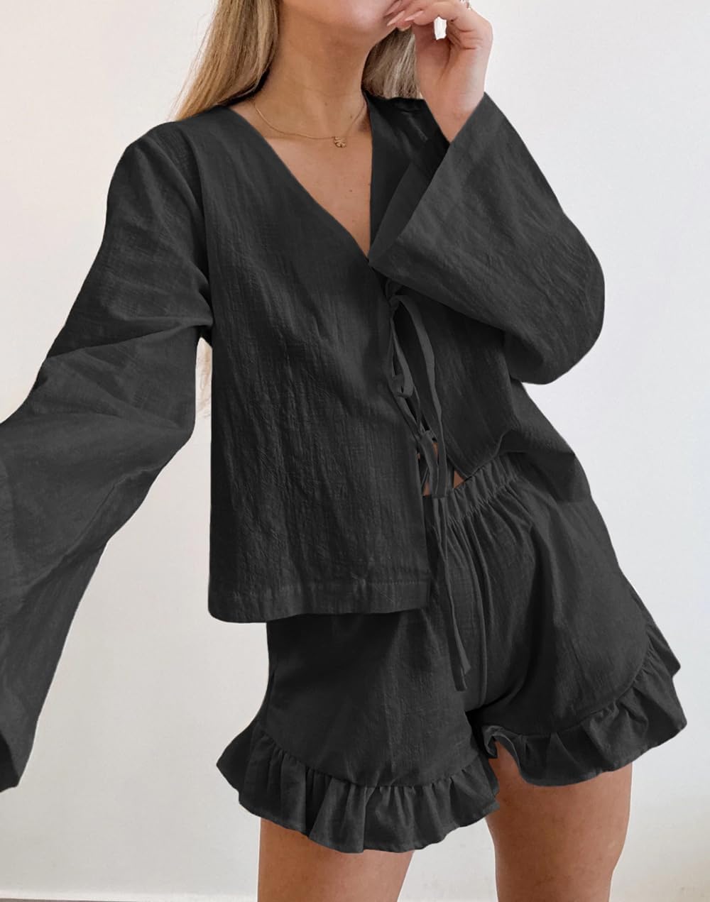 Women Fashion 2 Piece Outfit Long Sleeve Tie Front Tops and Ruffled Shorts Cotton Pajamas Sets - Image 3